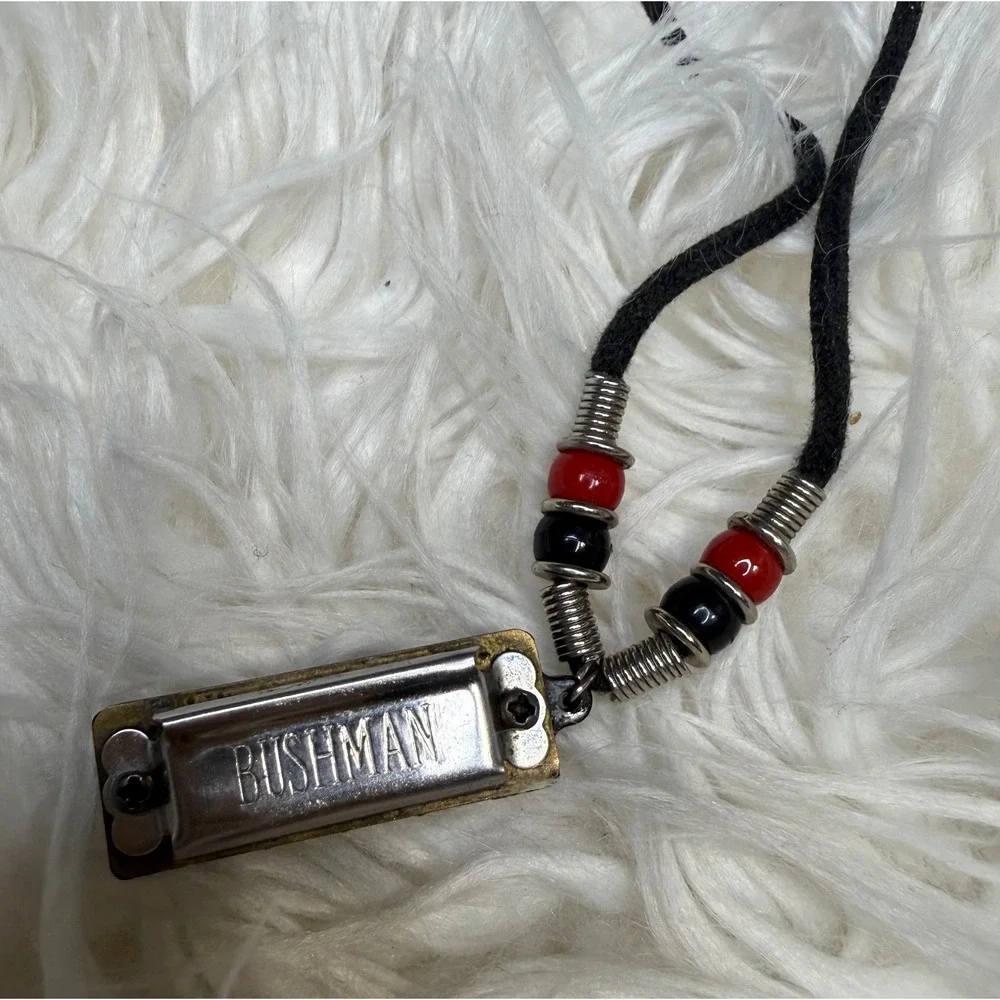 Bushman Miniature Harmonica Necklace Black Cord Red Black Beads Musical Jewelry